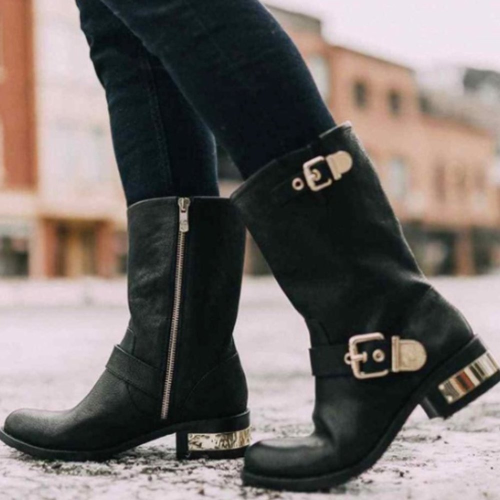 Vince Camuto Black Motorcycle Boots with Gold Heel detail